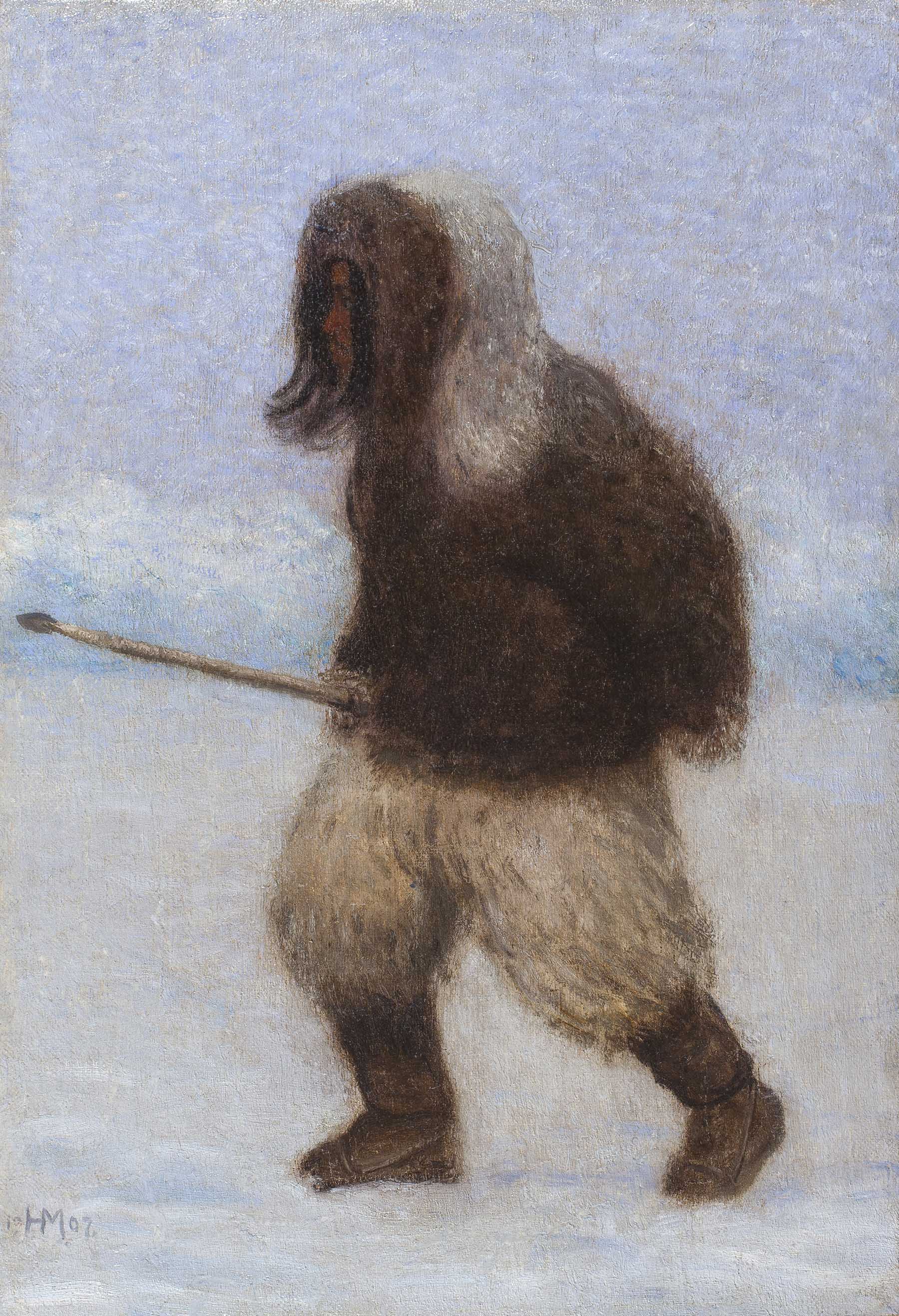Inuit Figure holding a Fishing Spear in Snowy Landscape 